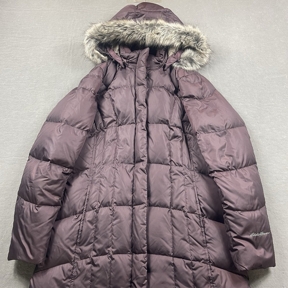 Eddie Bauer Down Parka Womens Large Purple Long Puffer Coat Faux Fur Trim Zip Up